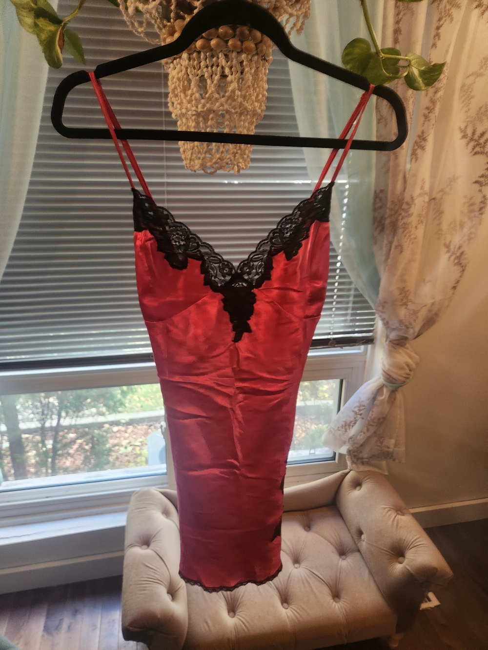 Pink Satin Slip Dress with Black Lace Trim